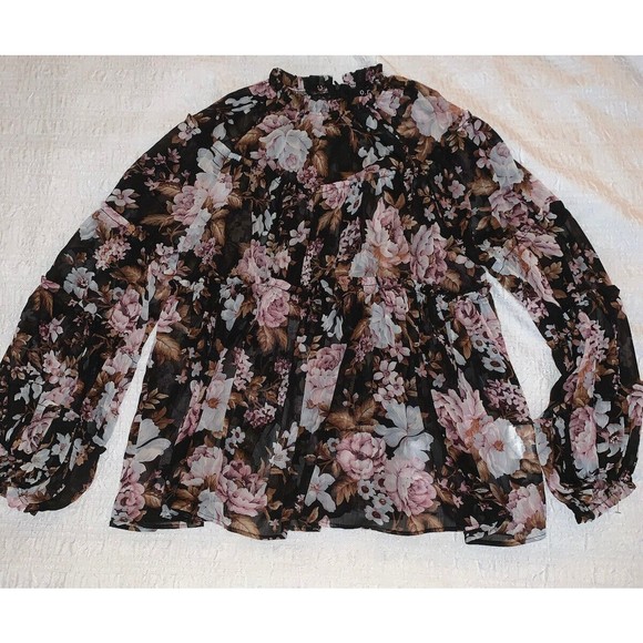 $110 OPT Shirt Blouse Women Med. Chiffon Tier Black Pink Floral Ladies Designer - Picture 1 of 16